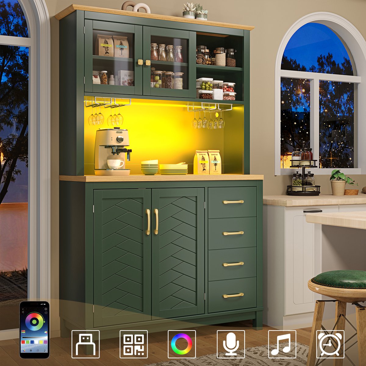 Wishdor - Buffetkast - met LED-verlichting en glazenhouder - landelijk dressoir voor keuken en eetkamer - houtlook en metaal - groen - 105,5 x 40 x 180 cm