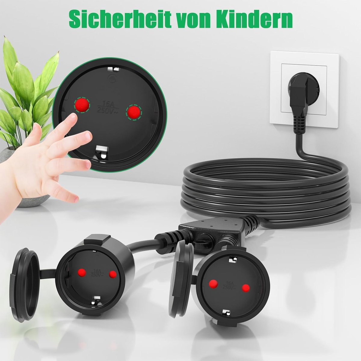 SnelShoppen - 2 m Grondkabel Buiten, AC Schuko Stekkerdoos met 2-Weg Sockets, Dubbele Plug IP44, 3 x 1.5 mm², Zwart, Voor Tuin, Camping, Thuis, Kantoo