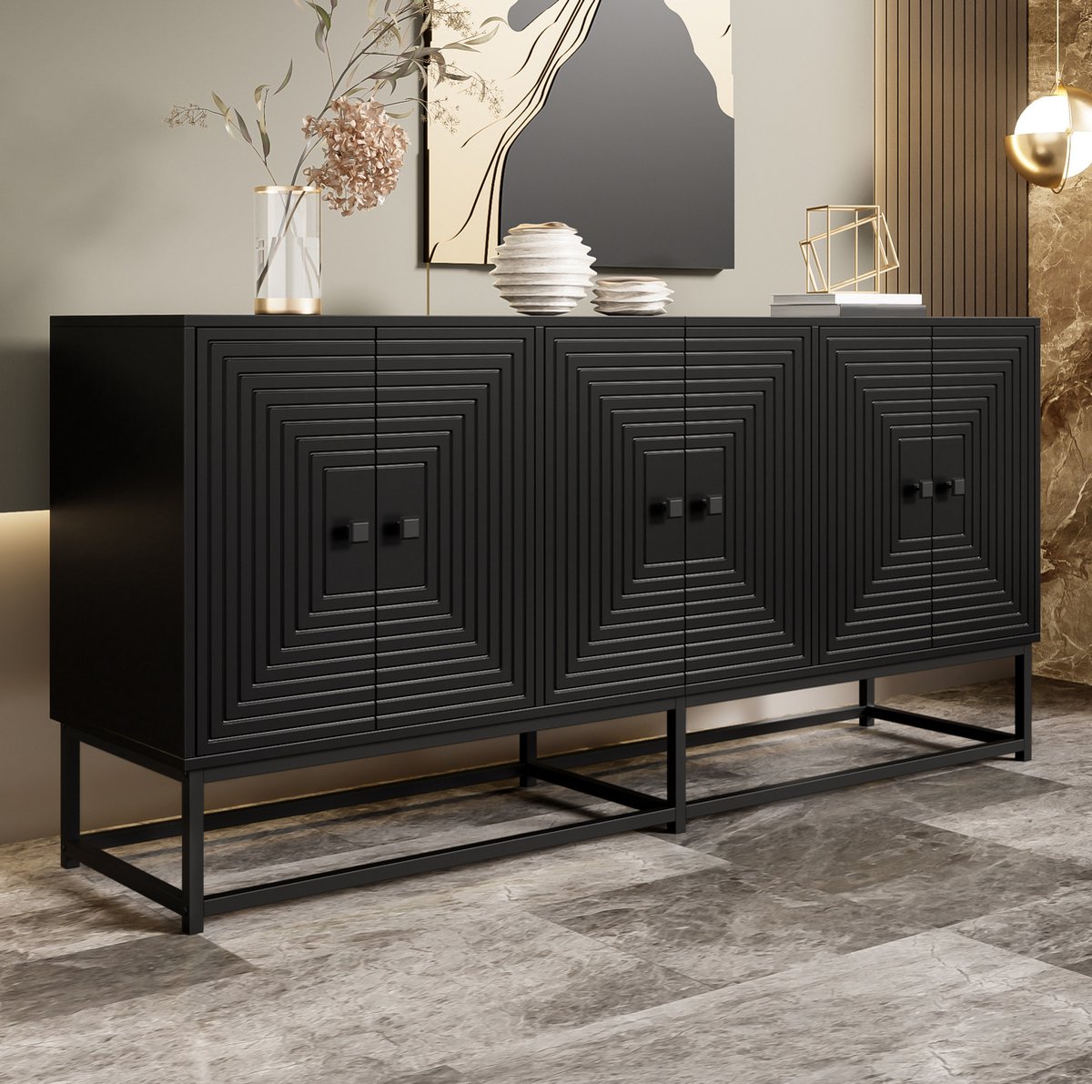 Wishdor - Dressoir - Mat zwart - 3 dubbele deuren - Industrieel - Voor woonkamer, eetkamer of kantoor - Houtlook met relistructuur - 160 x 38 x 75,5 cm