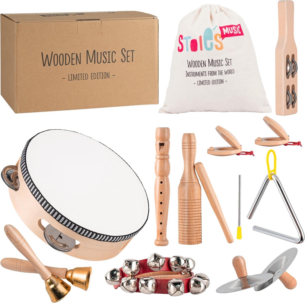 SnelShoppen - Wooden Music Set 15-delige Percussie Muziekinstrumenten voor Kinderen - Montessori Instrumenten voor Peuters en Kinderen 3-12 Jaar - Hou