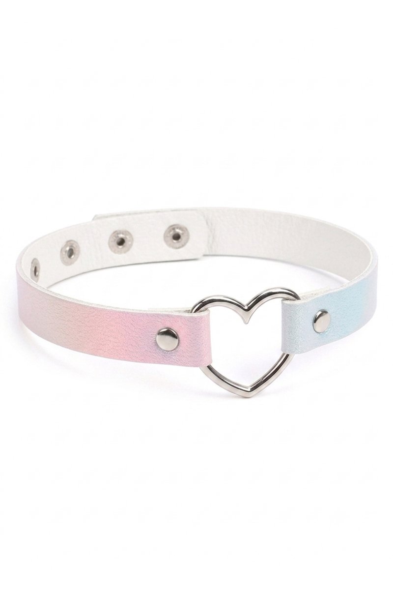 KIMU® Choker Iridescent Zilver Lederlook Hartje - Holografisch Collar Ketting Sexy Festival