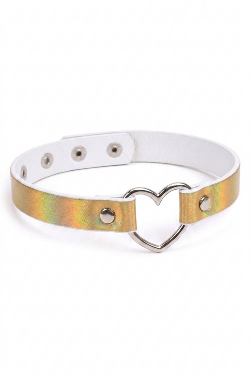KIMU® Choker Iridescent Goud Lederlook Hartje - Holografisch Collar Ketting Sexy Festival