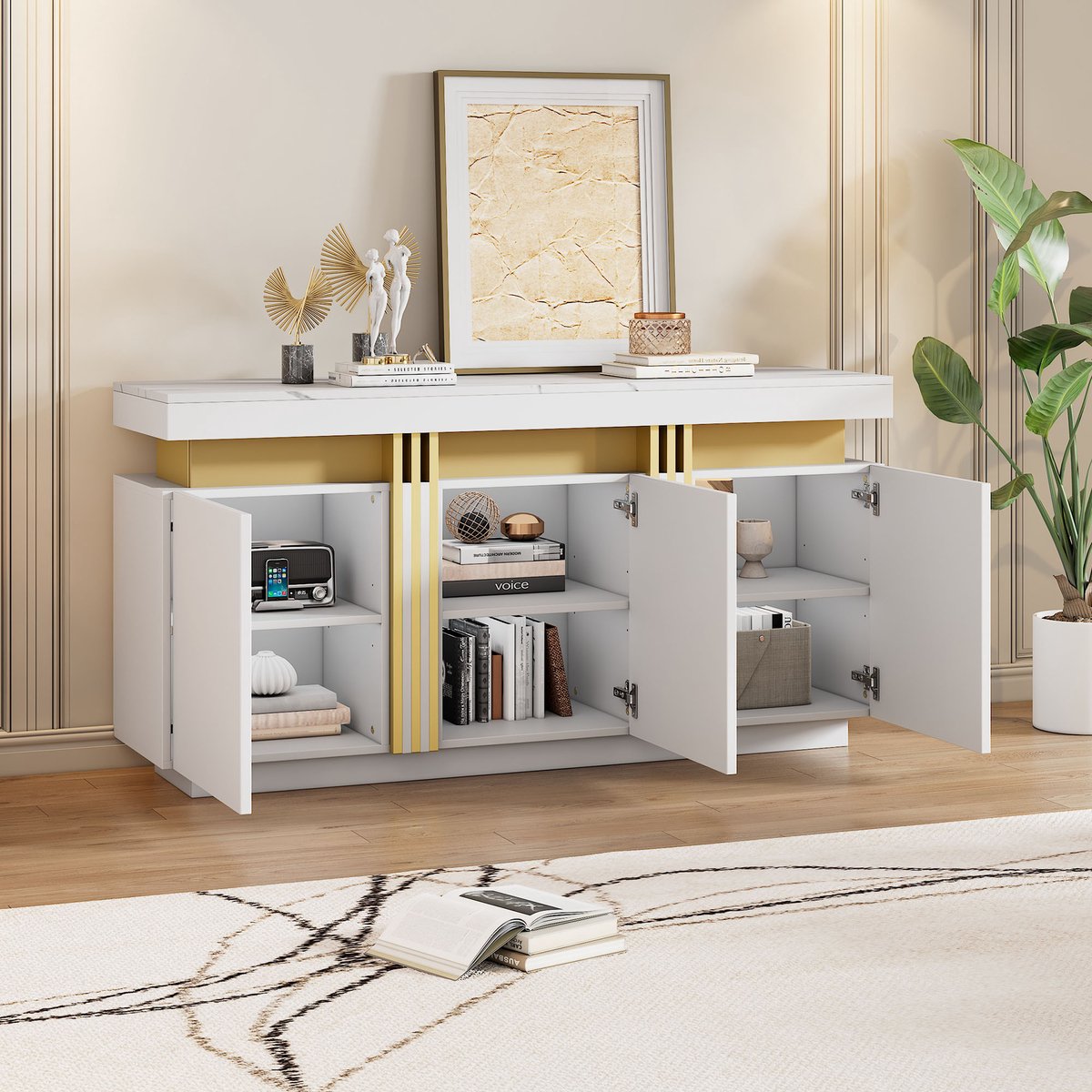 Wishdor - Dressoir - 3 deuren met verstelbare planken - modern sideboard voor woonkamer, hal of eetkamer - bewerkt hout met marmerlook blad - wit - 140 x 38 x 70 cm