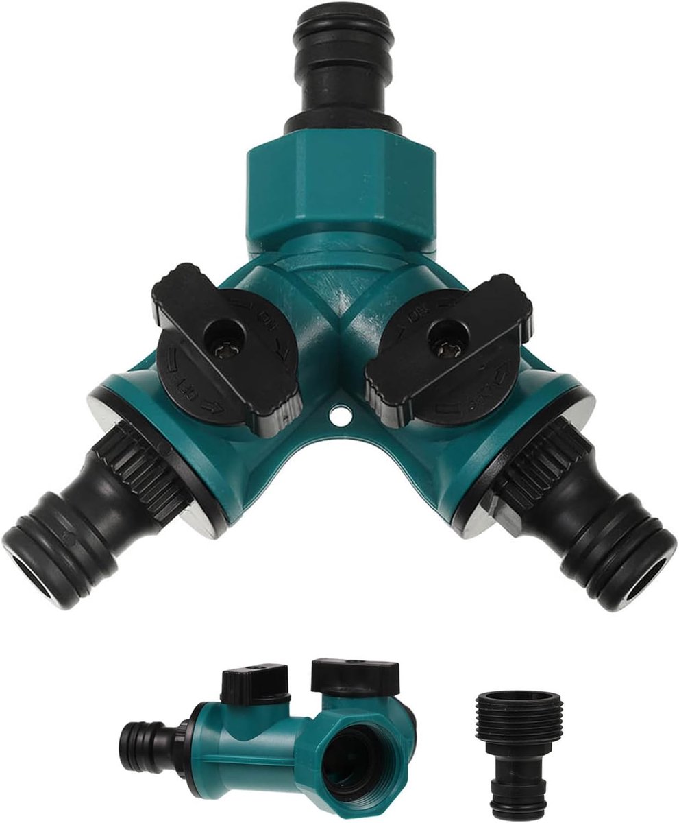 SnelShoppen - 2-way Y-hose distributor met afsluitklep voor tuinirrigatie, waterdistributeur, snelkoppeling, 16 mm, groen, geschikt voor 9-25 mm slang