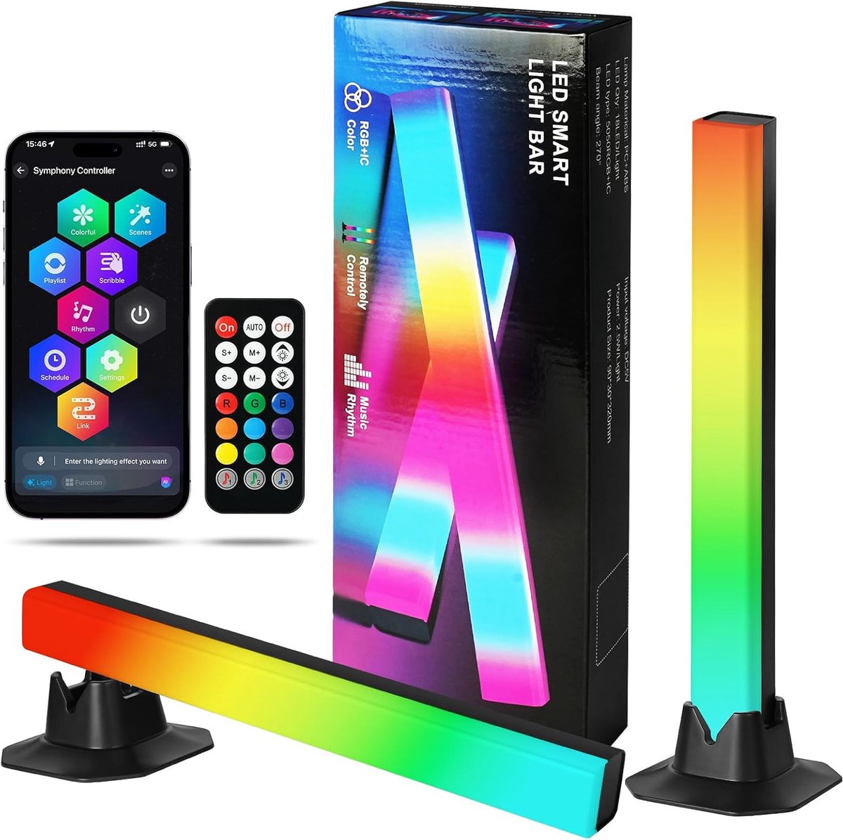 SnelShoppen - Smart LED Light Bars 2 Pack - RGB Flow TV Backlight, Gaming Lights, Entertainment Verlichting met App en Remote Control, Muziek Sync voo