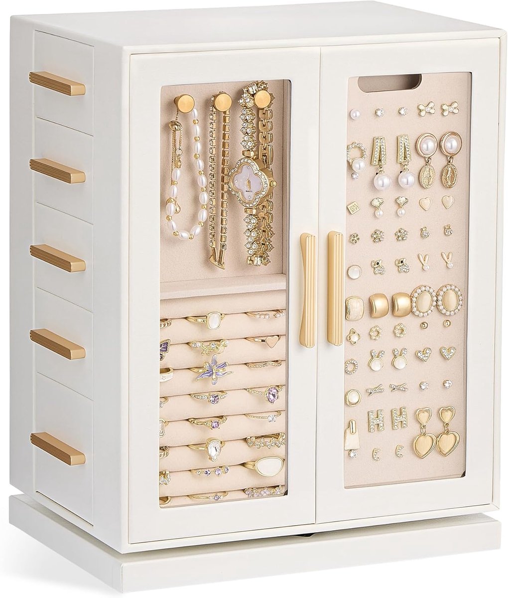 SnelShoppen - Rotating 360° Sieradenbox met Doorzichtig Venster, Grote Verticale Organizer voor Oorbellen, Armbanden, Kettingen en Ringen - Wit