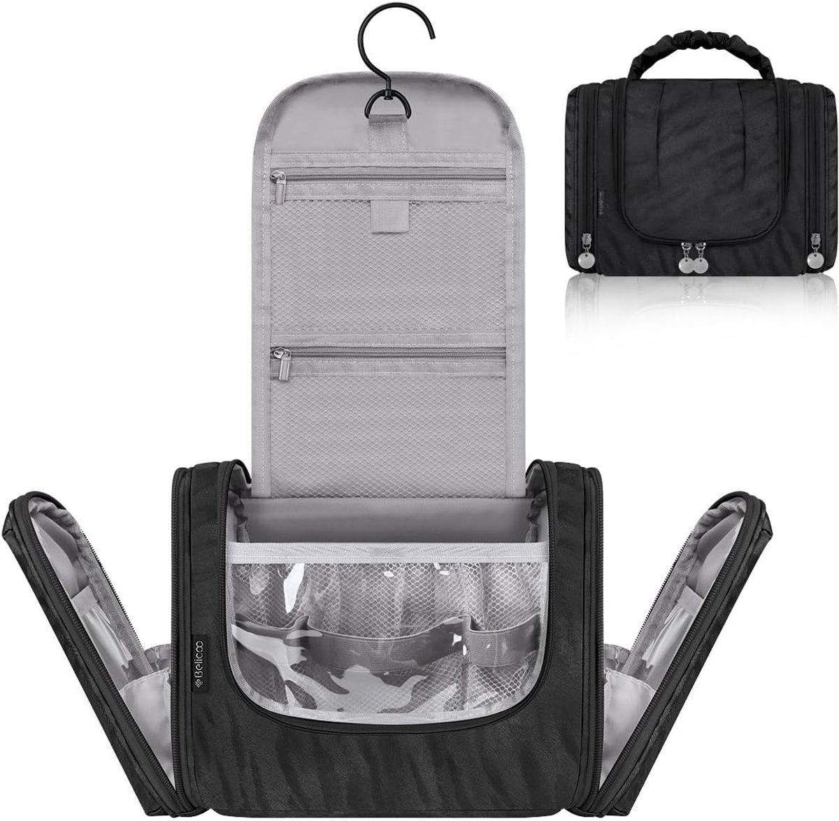 Thijox - Toilettas om op te hangen voor dames - 8,6 liter grote capaciteit - 5 vakken make-uptas - zwart - ideale reistoilettas voor vakantie, camping