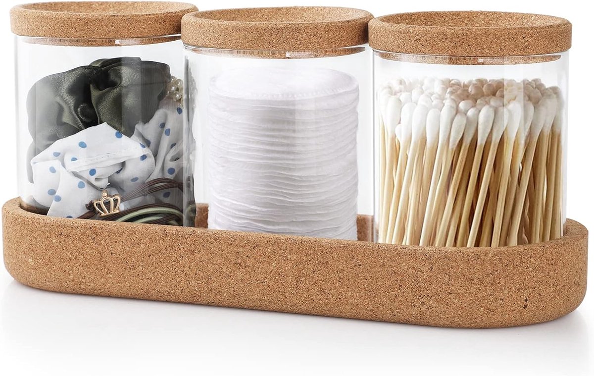 Set van 3 glazen opbergcontainers voor cosmetica met kurken deksel - Wattenschijfjes en wattenstaafjes organizer