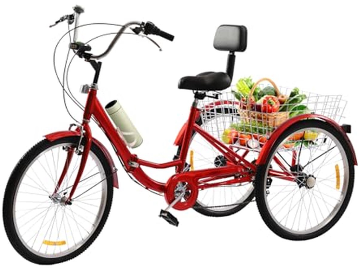 Driewieler voor volwassenen - Driewiel fiets - Boodschappen doen - Met rugleuning - 24 inch - Rood