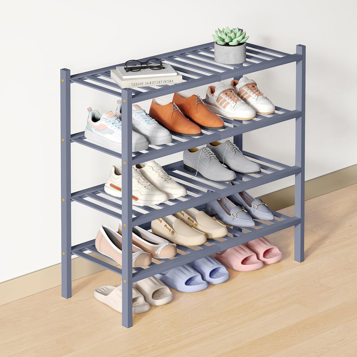 Smiry Schoenenrek (4 niveaus) - Bamboe Schoenenrek - Houten Schoenenkast -Schoenenrek hout - 68x28x66cm - Grijs
