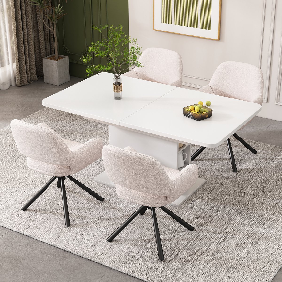 COVREO Eetkamerstoel 60 x 80 cm - draaibaar, Sherpa stof, armleuningen, set van 4, wit
