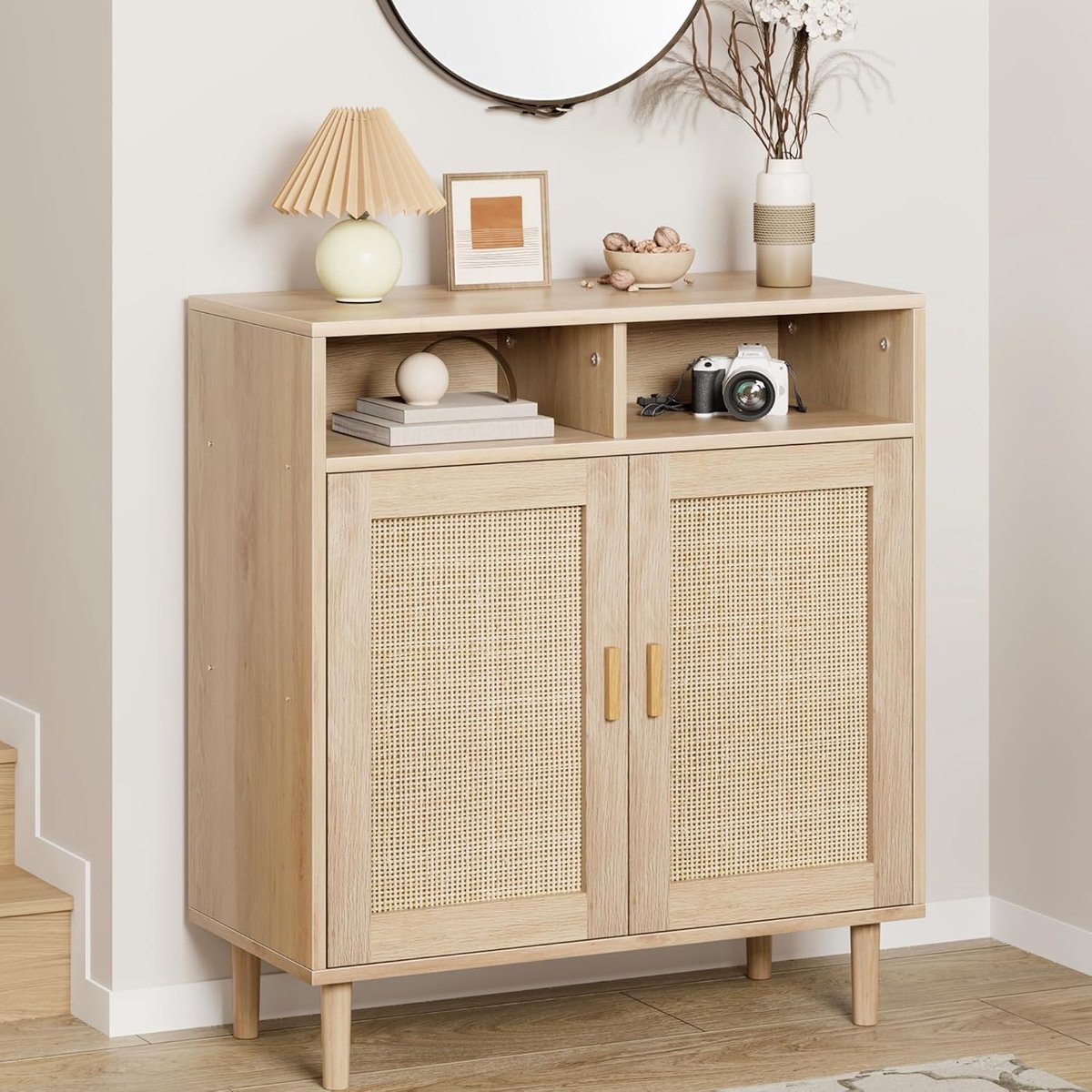 Modern Rotan Dressoir - Buffetkast met 2 Deuren & Open Vak - Luxe Opbergkast voor Woonkamer, Eetkamer, Hal of Koffiebar - Boho & Japandi Stijl - 91 cm Breed