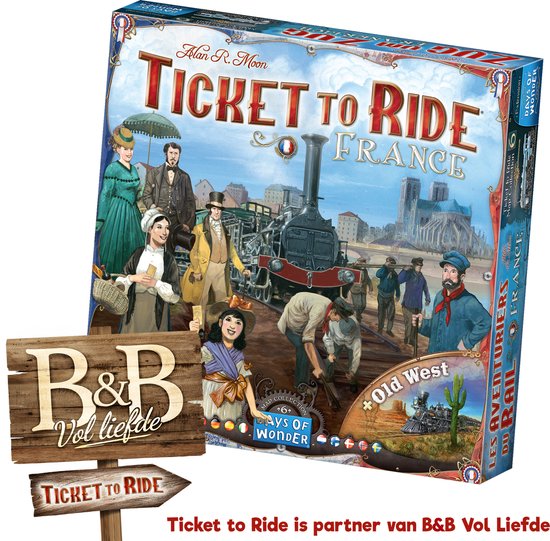 Box art voor 'Ticket to Ride: France' en een houten bord met 'B&B Vol Liefde'.
