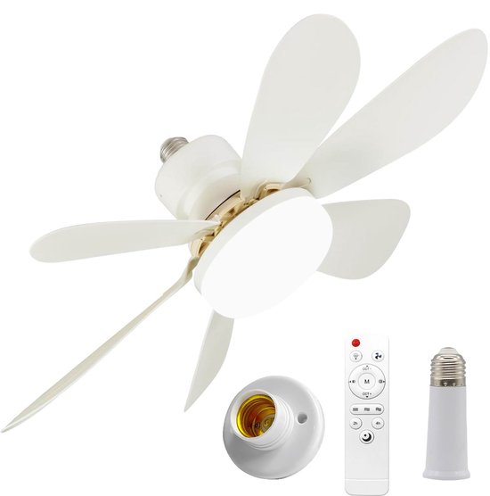 Witte plafondventilator met 5 bladen, afstandsbediening, E27 fitting en lampadapter.