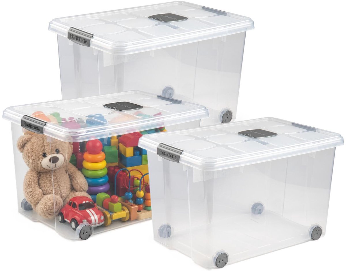 Plasticforte Opslagbox - 3x stuks - met deksel - 55L - 59 x 40 x 35 cm - transparant - opbergbak - met wielen