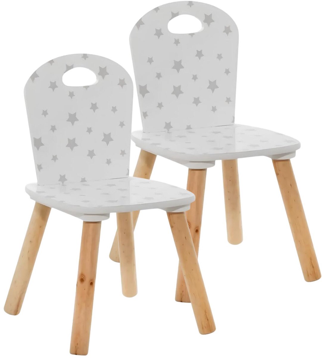 Atmosphera Kinder stoeltje Stars - 2x - wit/zilver/naturel - hout - D30 x H50 cm - bijzet stoeltjes voor kinderen