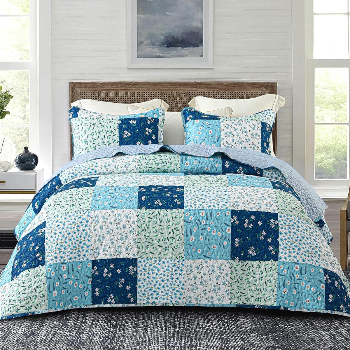 SnelShoppen - Whale Flotilla Bedsprei 230 x 240 cm, Dekbedovertrek voor 2 Personen met Kussenslopen, Lichte Bedsprei voor Alle Seizoenen, Blauw Patroo
