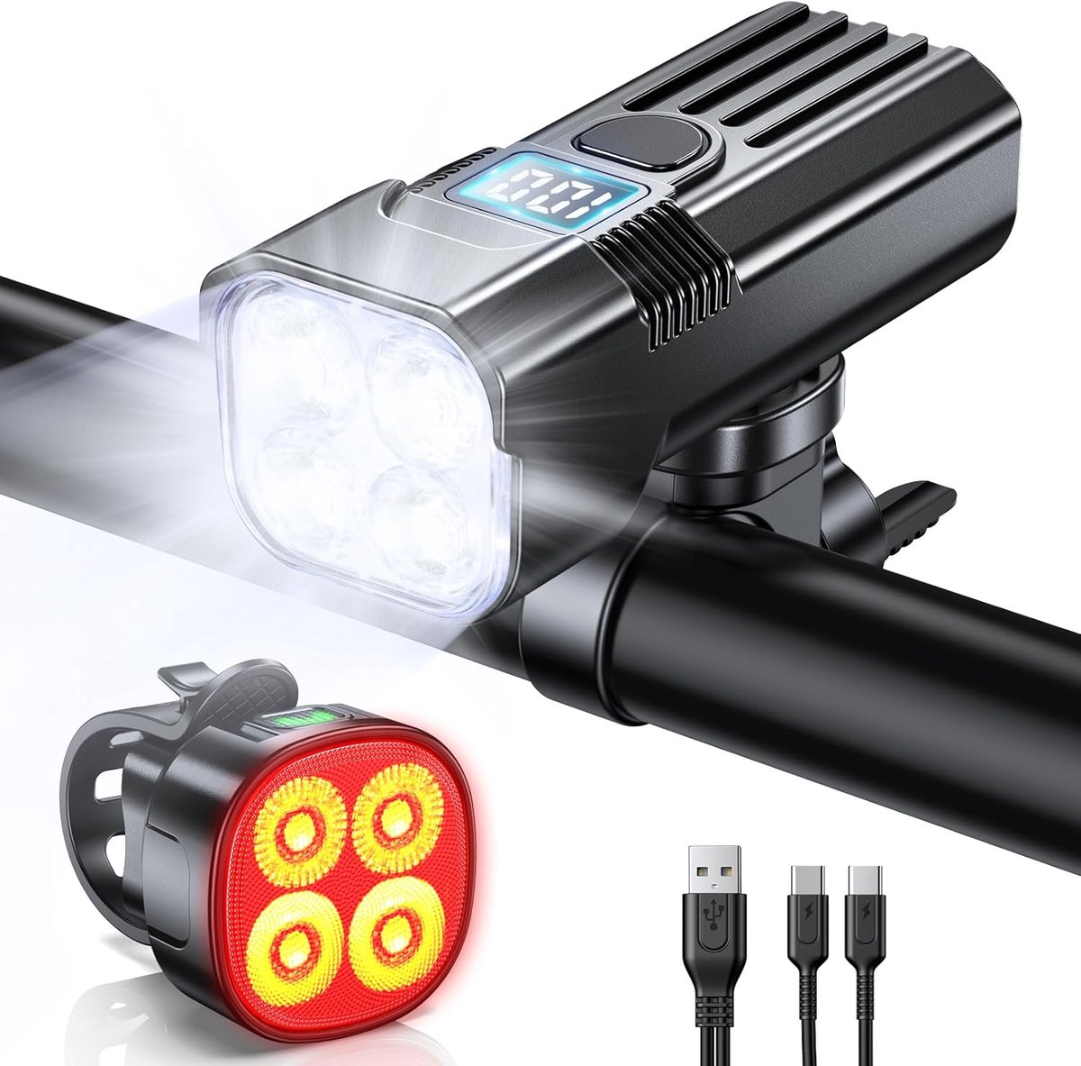 SnelShoppen - Fietsverlichting Set Voor Voor- en Achterlicht, 2000 Lumen, Oplaadbaar, Waterproof IP65, 4+7 Verlichtingsmodi, LED Display, Superhelder,
