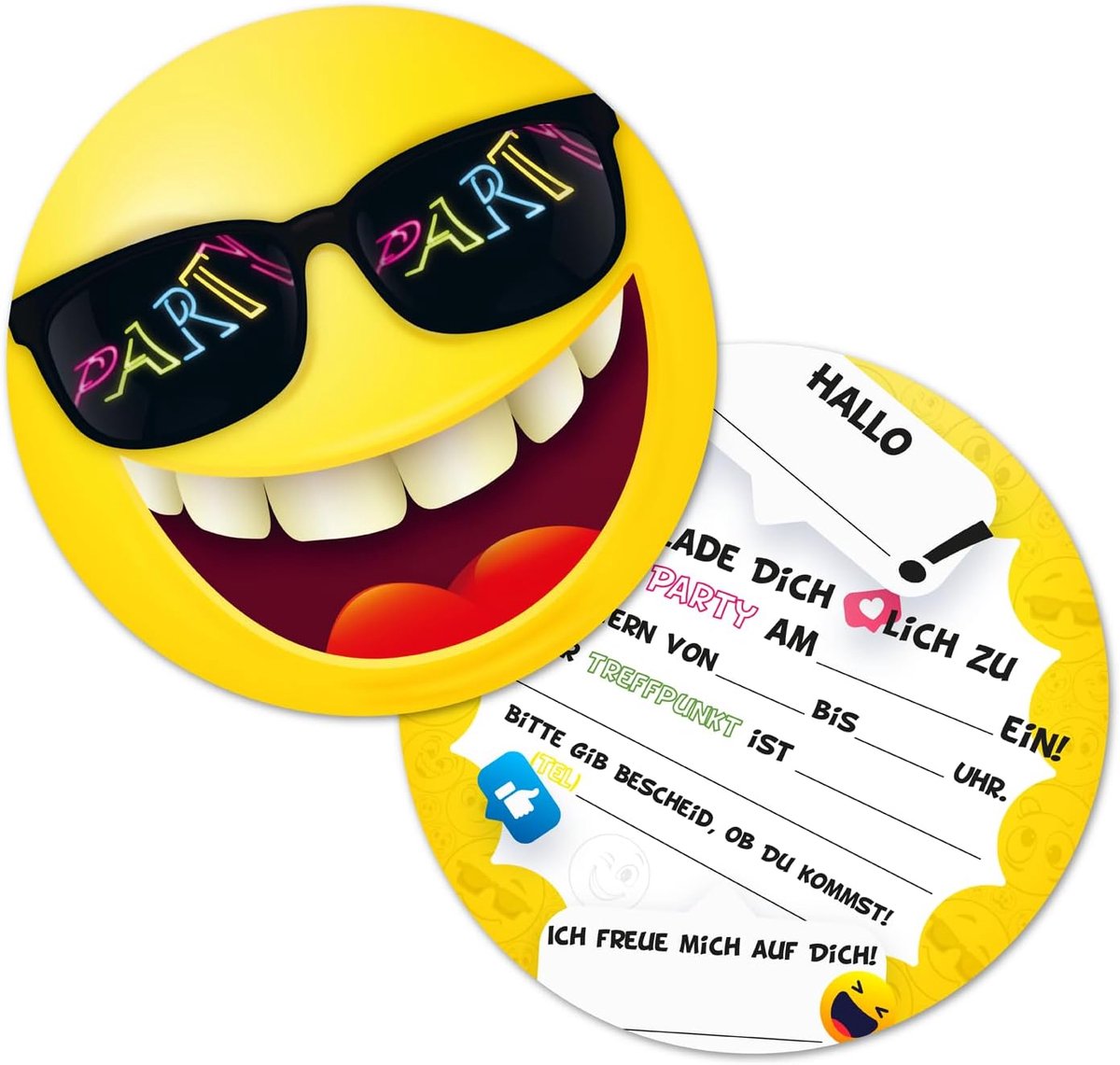 SnelShoppen - 12 Smiley Kinderverjaardag Uitnodigingen - Rond 15 cm - 400 g/m² Stevig Papier - Voor Jongens en Meisjes - Feestuitnodigingen zonder Env