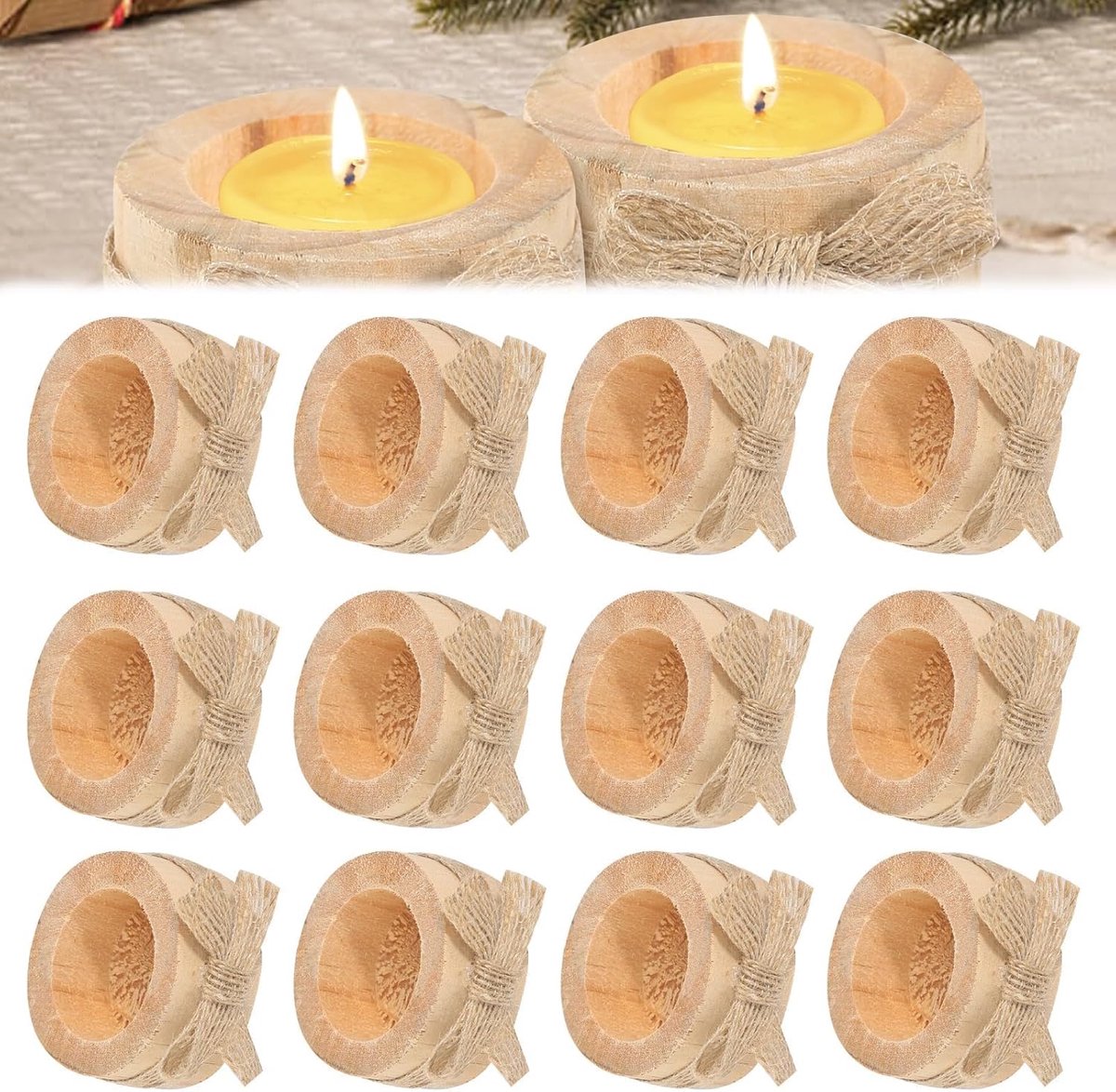 SnelShoppen - Houten Theelichthouder Set van 12 - 6 cm Diameter - Natuurlijke Rond Votive Kaarsenhouder voor Feest, Bruiloft, Kerst en Halloween Decor