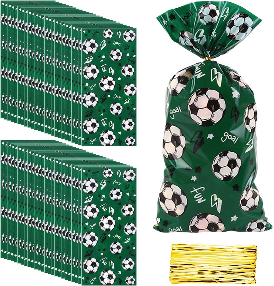 SnelShoppen - 50 Voetbal Cadeautassen met 50 Gouden Draadstrikken - Groene Snoepzakken - 27,5 x 12,5 cm - Feestelijke Verpakking voor Voetbalthema Par