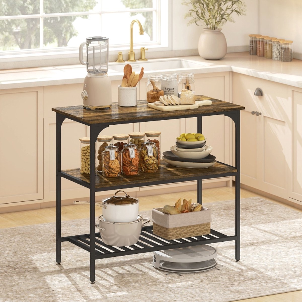 Keukenrek Ruime Opbergruimte – 100 x 50 x 90 cm – Hout En Stalen Frame – Rustiek Bruin – 3-Laags Open Opbergrek Voor Keuken En Koffiehoek