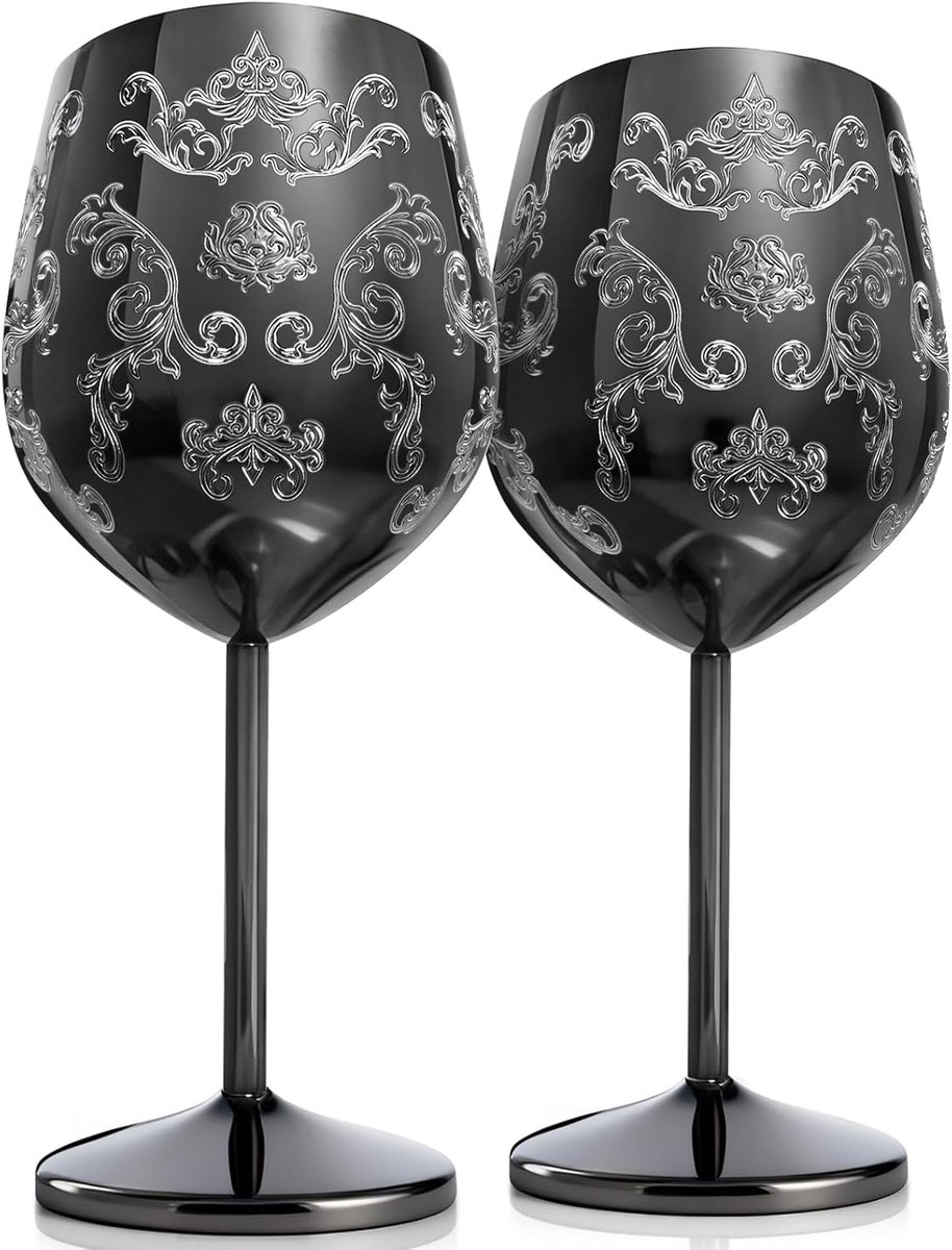 SnelShoppen - RVS Wijnglazen Set met Graveerpatroon - Shatterproof Wijn Glazen voor Feest, Camping, Picnics, 550 ml, Zwart, 2 Stuks