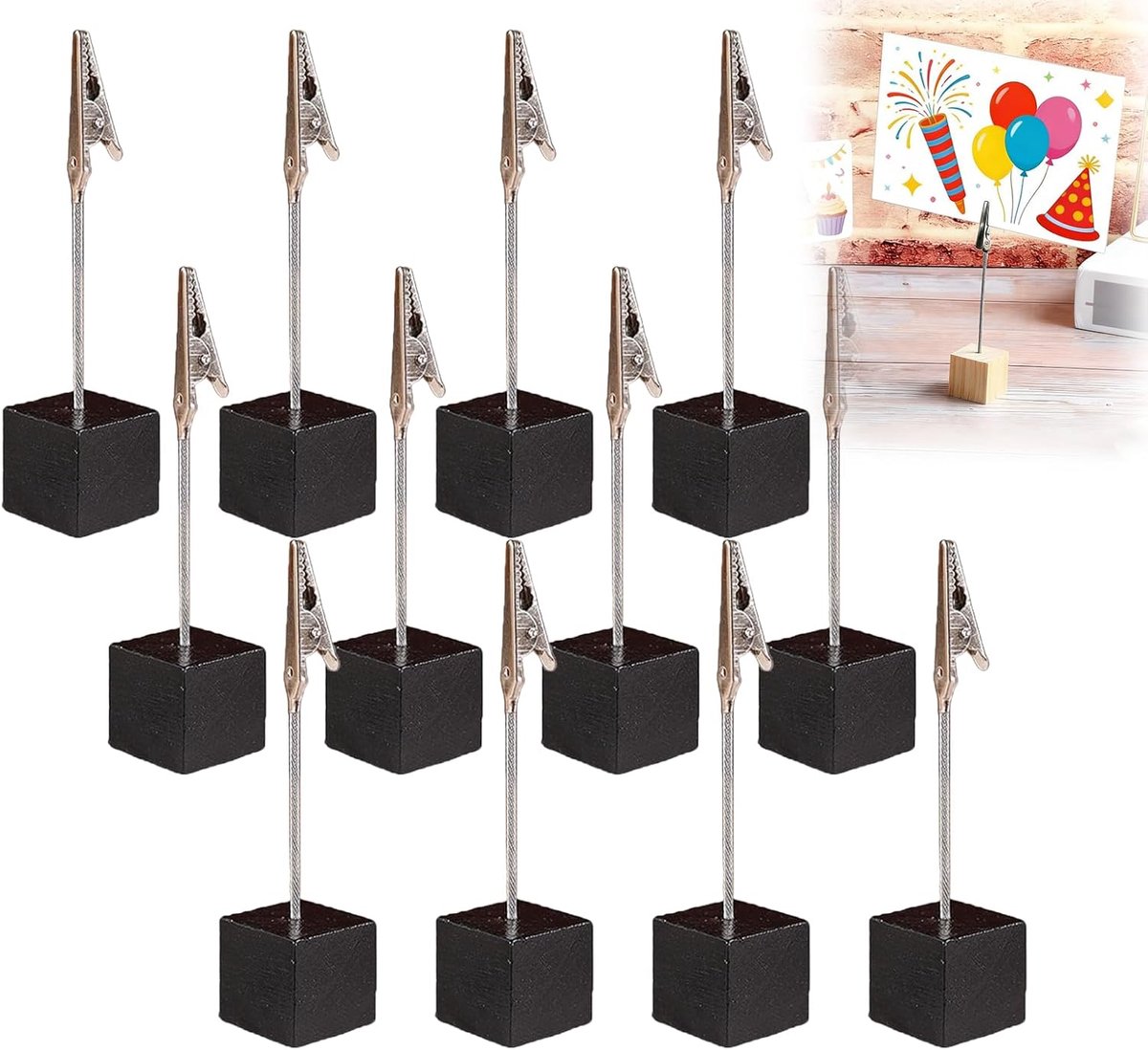 SnelShoppen - Photo Holders met Clips - 12 Stuks Houten Foto Stand voor Kleine Foto's, Kaarten en Notities - Zwart - Ideaal voor Feest, Bruiloft, Thui
