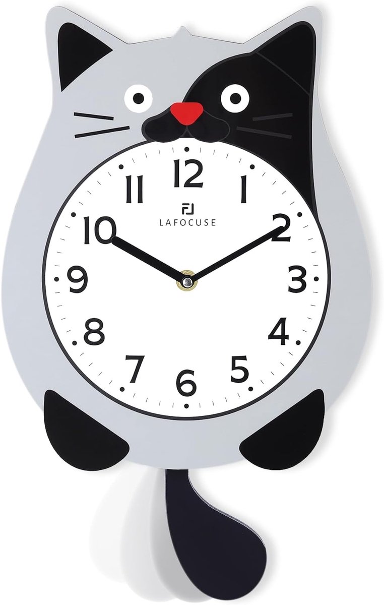 SnelShoppen - Grijze Kat Wandklok Hout met Bewegende Slingers, Moderne Batterij Aangedreven Wandklok voor Kinderen, Decoratie voor Kinderkamer, Slaapk