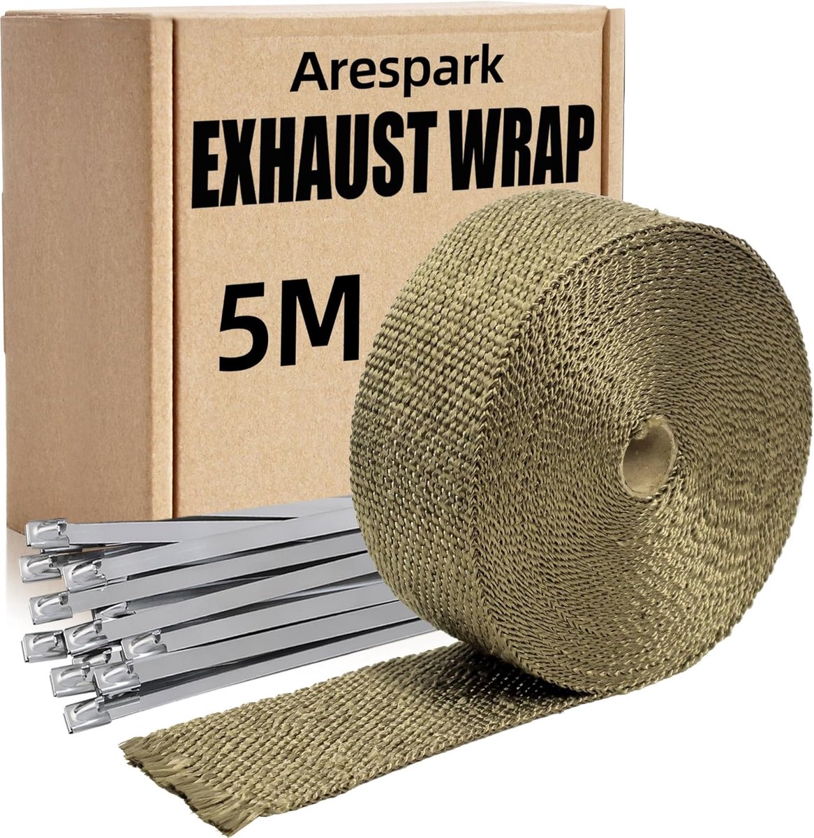 SnelShoppen - Arespark Uitlaat Tape 5M Goud Basalt Vezel Warmtebestendig Tape met 10 Stuks Metalen Kabelbinders voor Motorfiets en Auto