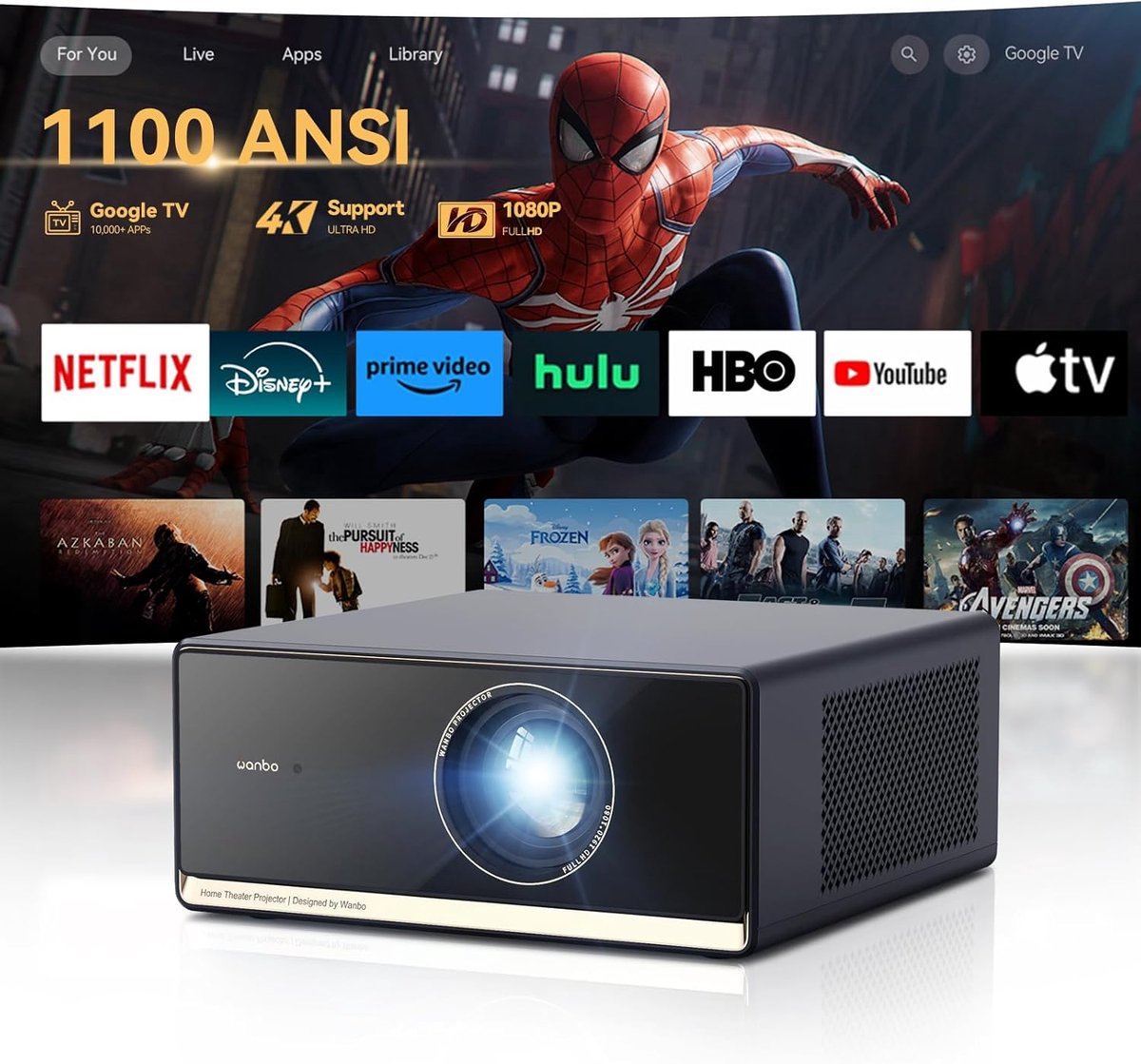 SnelShoppen - 4K HDR10 Beamer, Smart Projector met Google TV, Netflix, 1100 ANSI Lumen, Stil 26 dB, 1080P FHD, 5G+2.4G WiFi, Bluetooth, Spraakbedienin