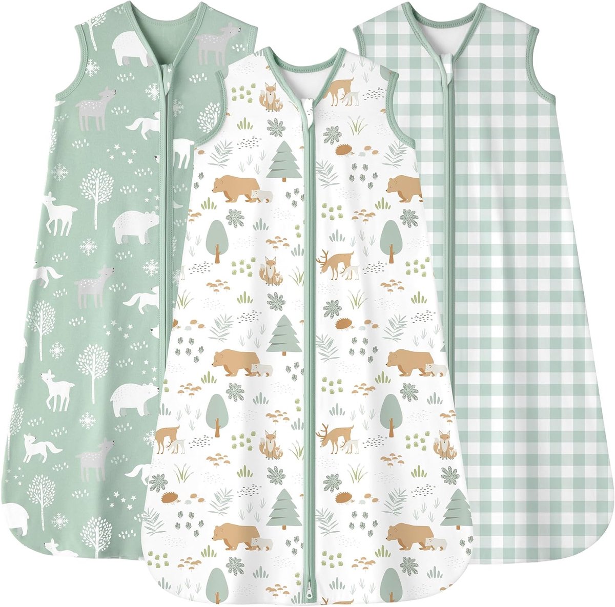 SnelShoppen - Babyslaapzak 0-6 maanden, Ademend Katoen, TOG 0,5, Draagbare Babydeken, 3 Stuks, Groene Beer, Zomerslaapzak 58-66 cm