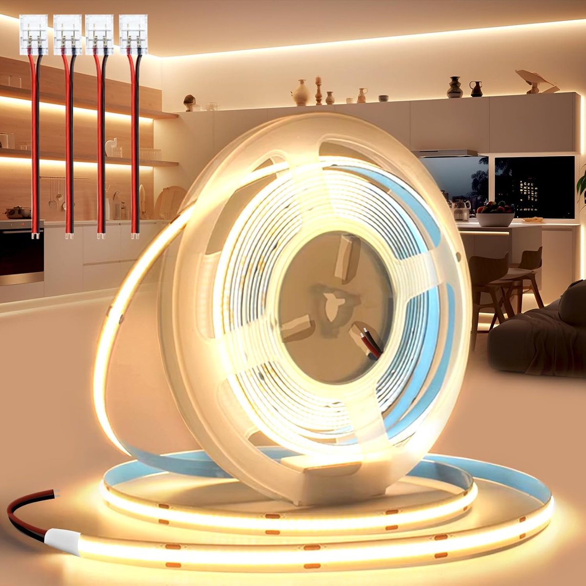 SnelShoppen - Zelf Adhesieve COB LED Strepen 24V 10M Warm Wit 3000K 320leds/m Flexibele IP20 Band Met Connector Voor TV Slaapkamer Verlichting DIY