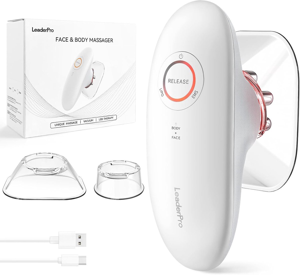 SnelShoppen - Professionele Anti Cellulite Massageapparaat met Vacuüm Cupping, EMS en Rood Licht, Verstevigend en Liftend, 3 Intensiteitsniveaus, 2 Va