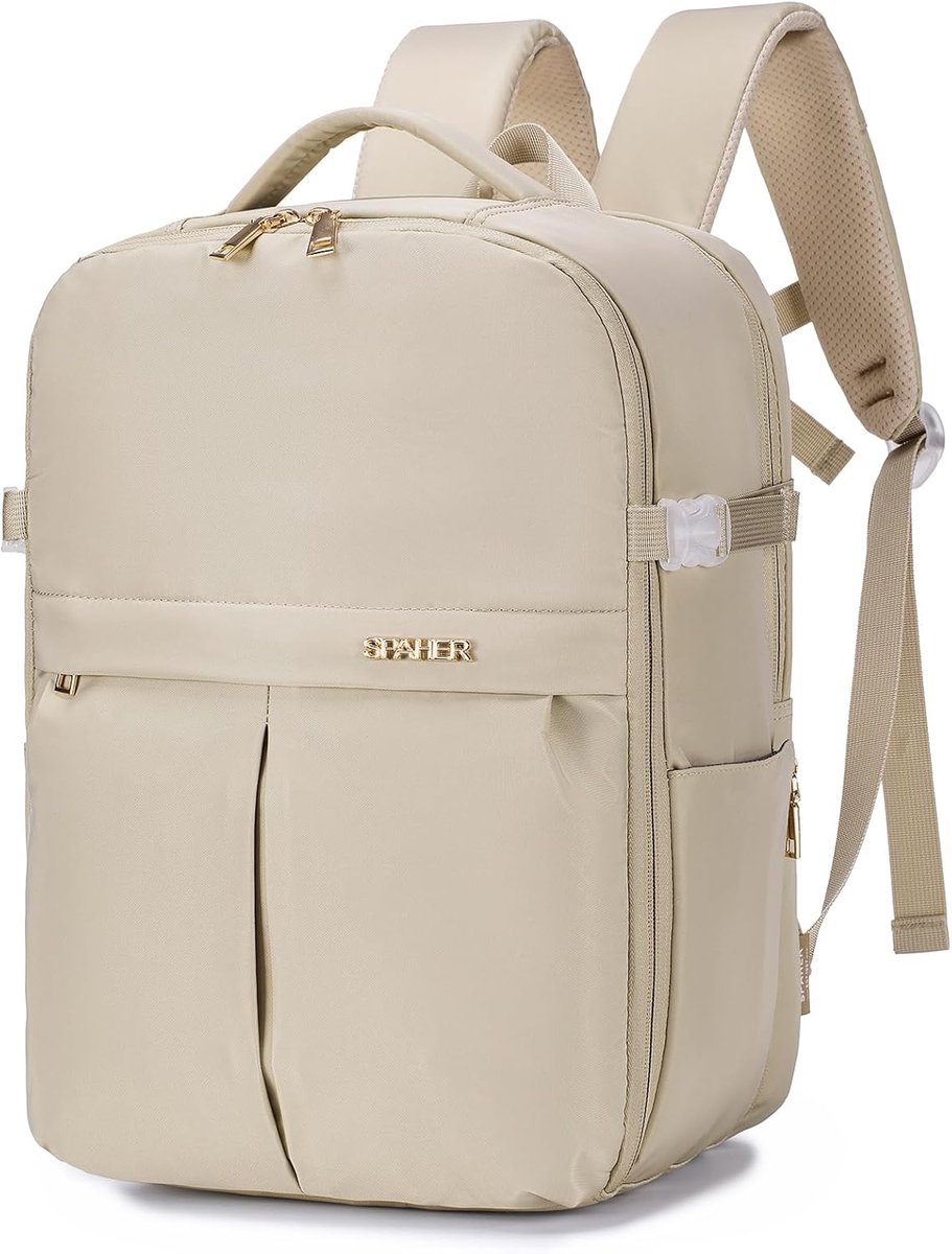 SnelShoppen - 25L Reiserugzak Handbagage 40x30x20 voor Ryanair en Transavia, Beige, 180° Openingsontwerp, Waterbestendige Stof, Laptopcompartiment voo