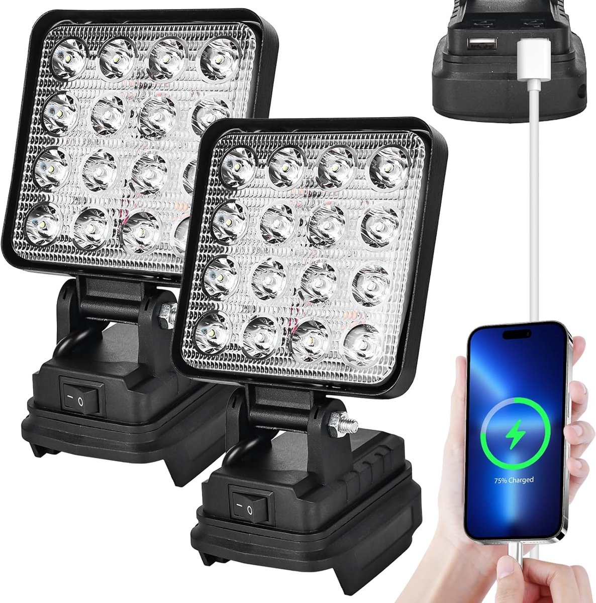 SnelShoppen - 2 Stuks Accu-Werklampen 27 W LED, Draagbare Bouwlamp, USB-Oplaadbaar, Compact en Licht, Voor Binnen en Buiten, Ideaal voor Camping, Tuin