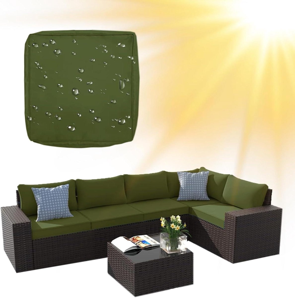 Kussenhoezen Tuinmeubelen - Waterafstotend Outdoor - Bescherming Meubels - Met Rits - 60x60x10 cm - Legergroen