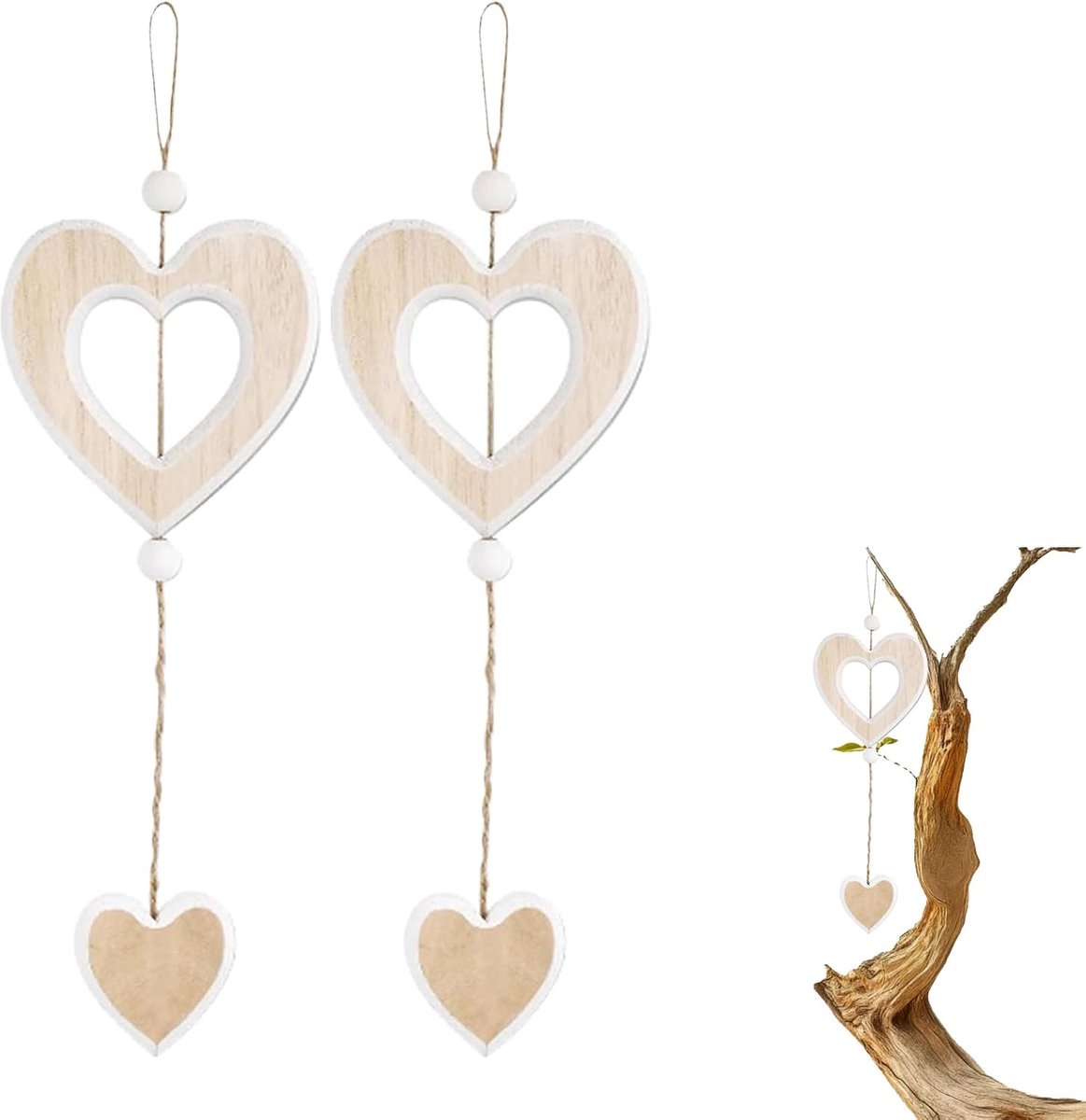 SnelShoppen - Houten Hangers - 2 Stuks Hartvormige Raamdecoratie - Moderne Hangdecoratie - Boho Decoratieve Harten - Lente Versiering voor Raam en Ven