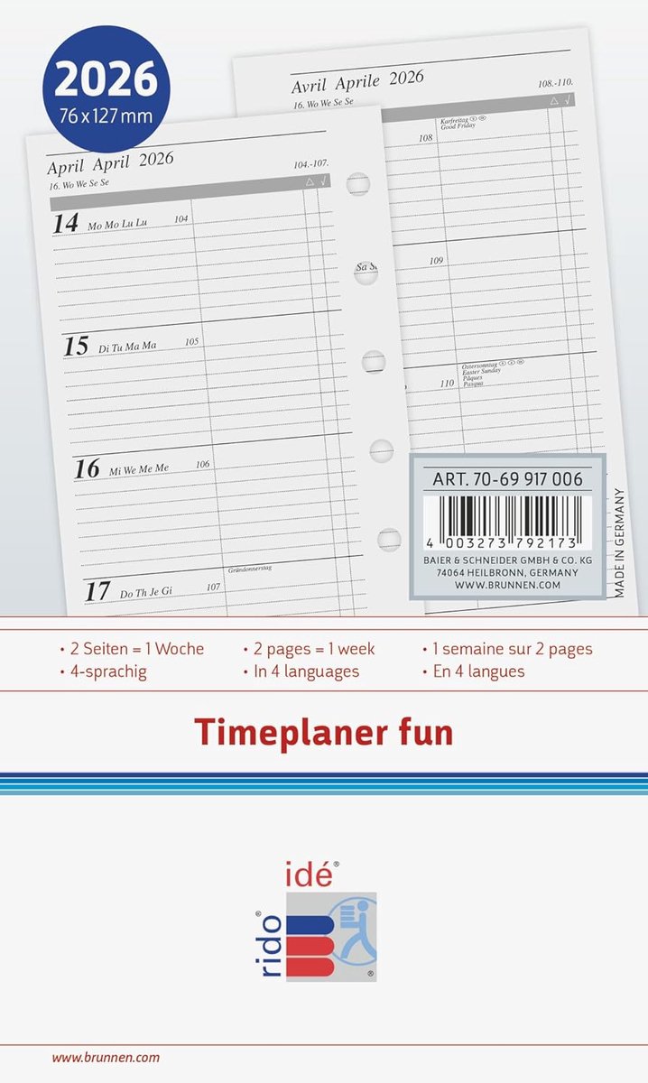 SnelShoppen - Rido/idé Weekly Calendar Fun 2026 A7 | Compact Weekplanner 76x127mm | 112 Pagina's | Zwart | Meertalig | Jaaroverzicht en Feestdagen