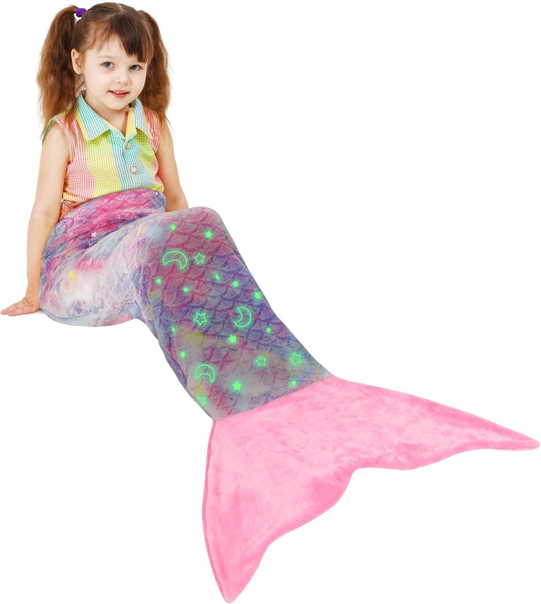 SnelShoppen - Glow in the Dark Zeemeermin Dekentje, Zacht Warm Pluche Fleece Slaapzak, 155 x 50cm Vis Schubbenpatroon, Sterrenhemel Effect voor Kinder
