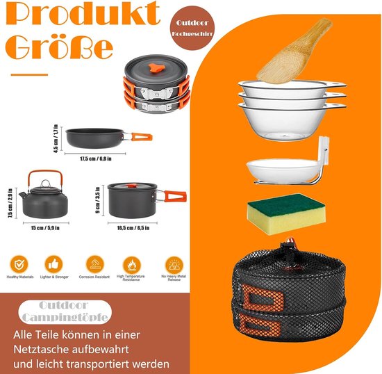 Camping Kookset 10-delig - Lichtgewicht Camping Pannenset - Inclusief Waterketel - Voor 2 tot 4 Personen — afbeelding 5