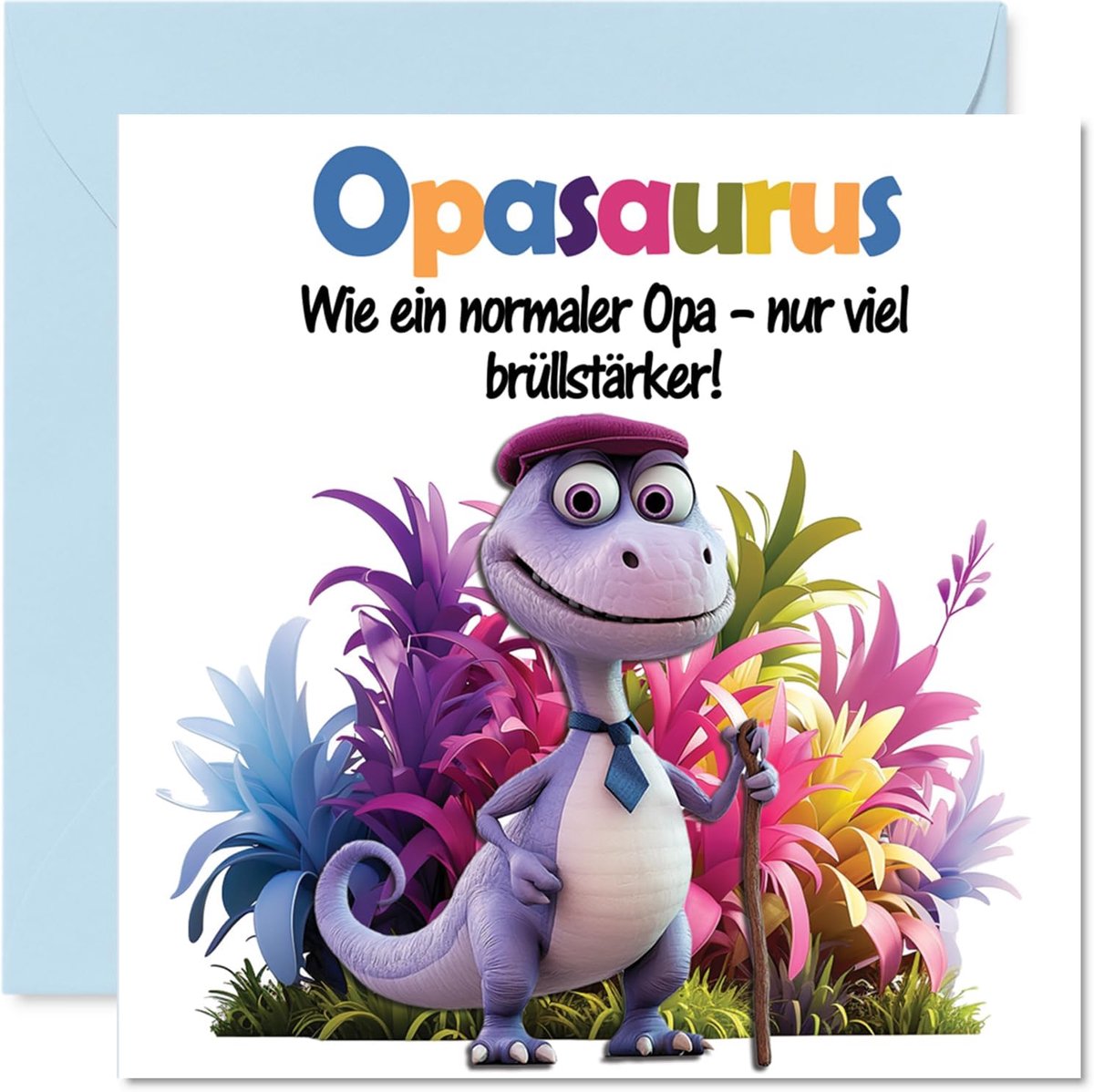 SnelShoppen - Jarige Kaart voor Opa – Roaring Opasaurus – Grappige Vierkante Verjaardagskaart met Envelop – Van Kleinzoon Kleindochter – 145mm x 145mm