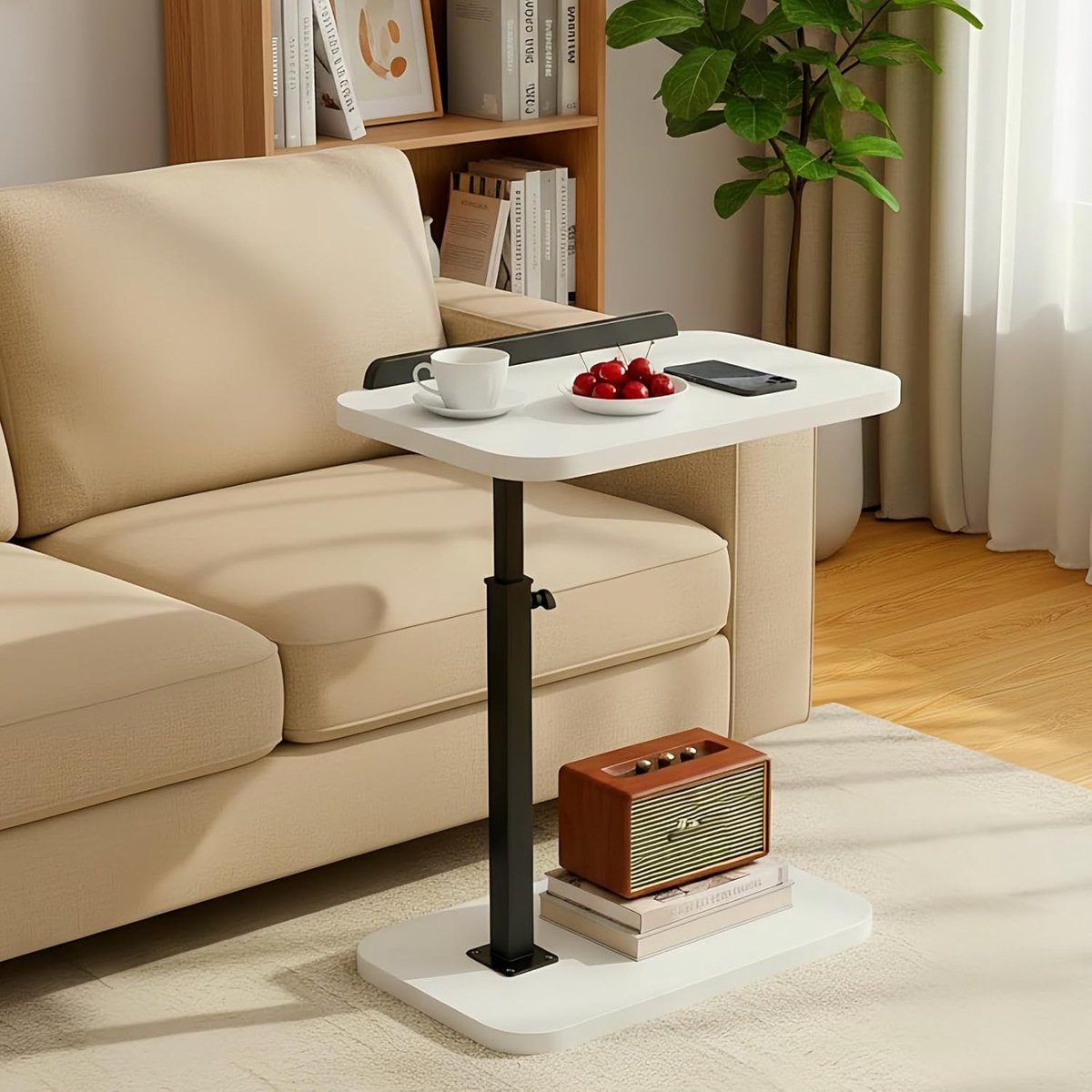 SnelShoppen - C Tafel Bijzettafel Verstelbare Hoogte, Laptop Tafel voor Bank, Bed, Leeskamer, C-Vormige Zijkantafel, 360° Draaiende TV Lade Tafel, Wit