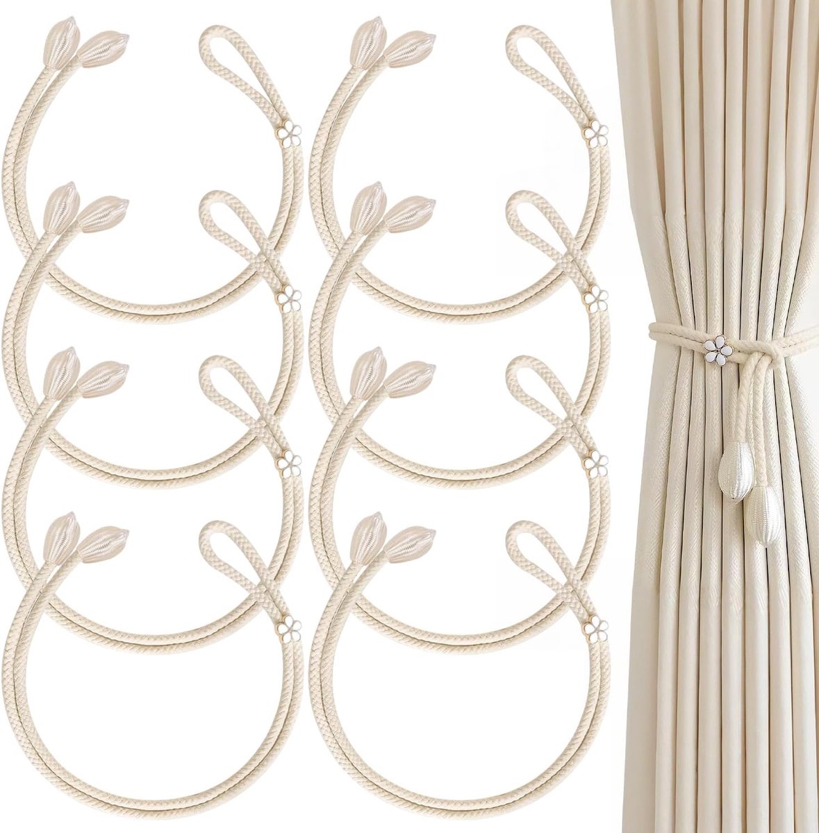SnelShoppen - Pack van 8 Verstelbare Gordijnhouders zonder Boren, Decoratieve Strik, Ideaal voor Woonkamer, Slaapkamer, Kantoor, Keuken, Badkamer