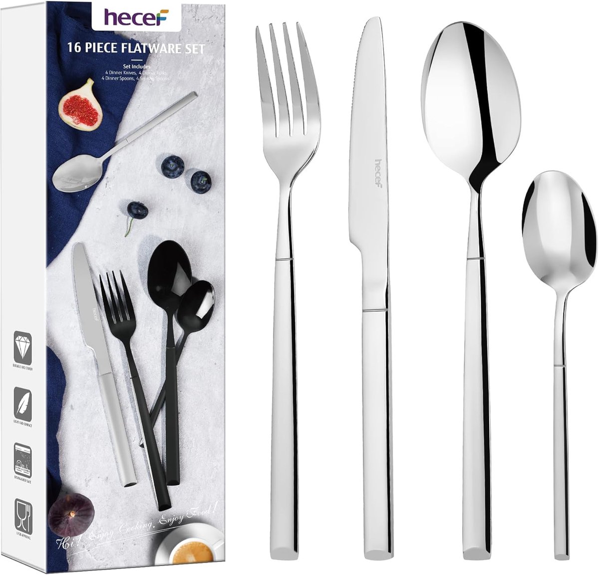 SnelShoppen - 16-delig Bestekset voor 4 Personen, RVS 18/0, Vaatwasmachinebestendig, Ergonomisch Design, Zilver - Perfect voor Feest, Thuis en Special