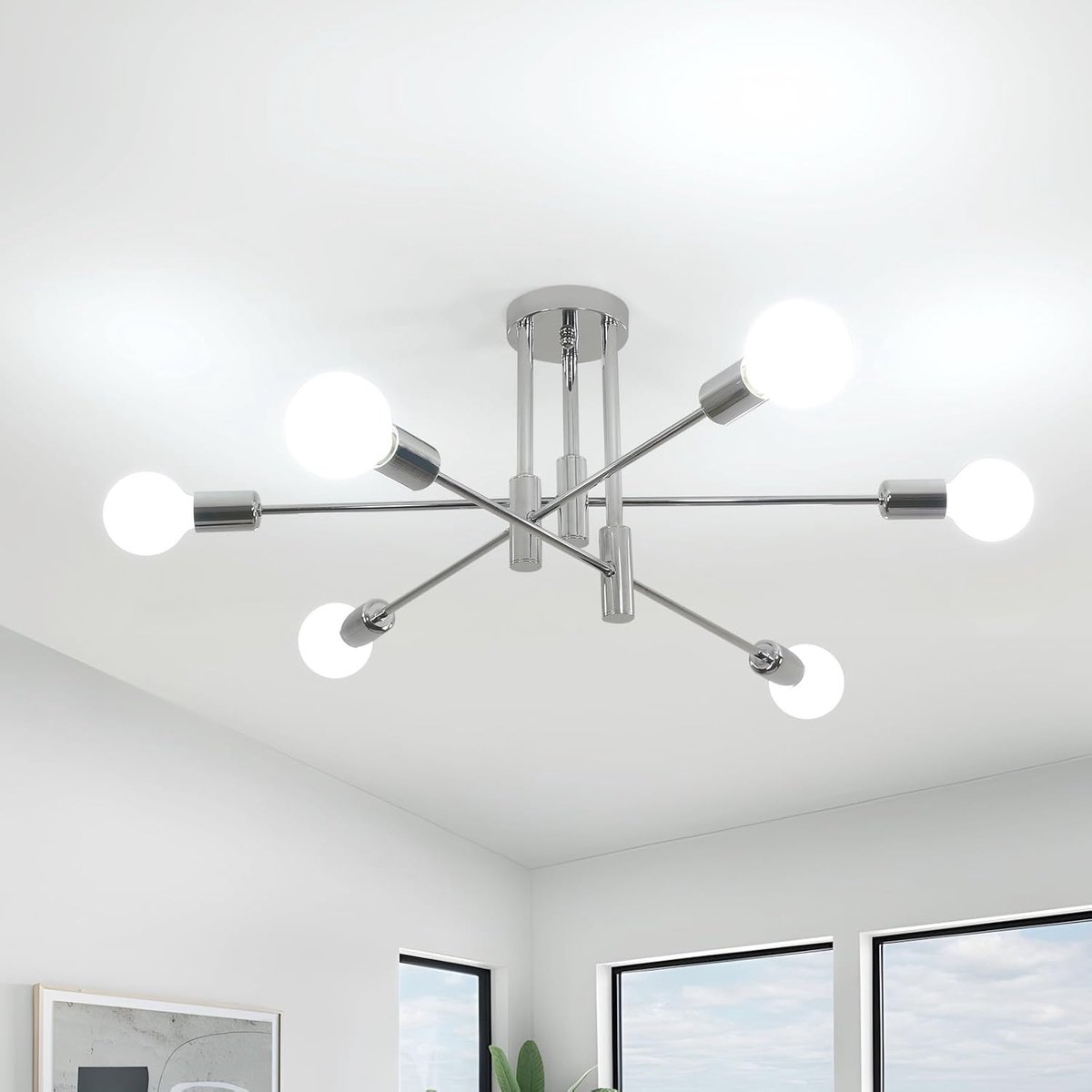 SnelShoppen - Comely Industrial Sputnik Chandelier 6-Licht Vintage Plafondlamp E27, DIY Vorm Chroom Metaal 72CM voor Woonkamer Slaapkamer Keuken Eetka
