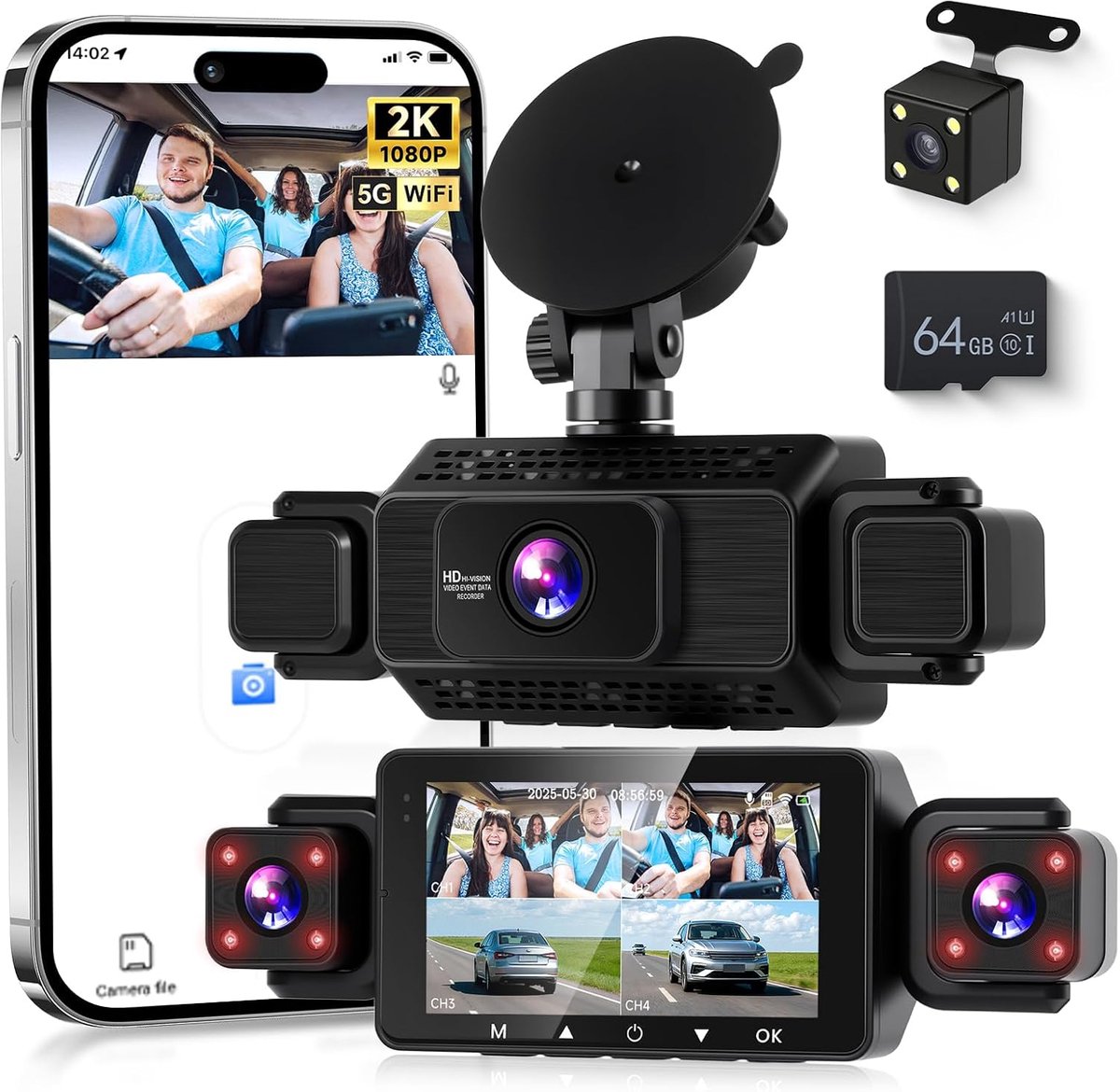 SnelShoppen - VECHTEL 1080P Dashcam Set voor Auto met Wifi, 4 Dashcams, 3-inch IPS Scherm, 24-Uur Parkeerbewaking, Nachtzicht, G-Sensor, Loopopname, 3