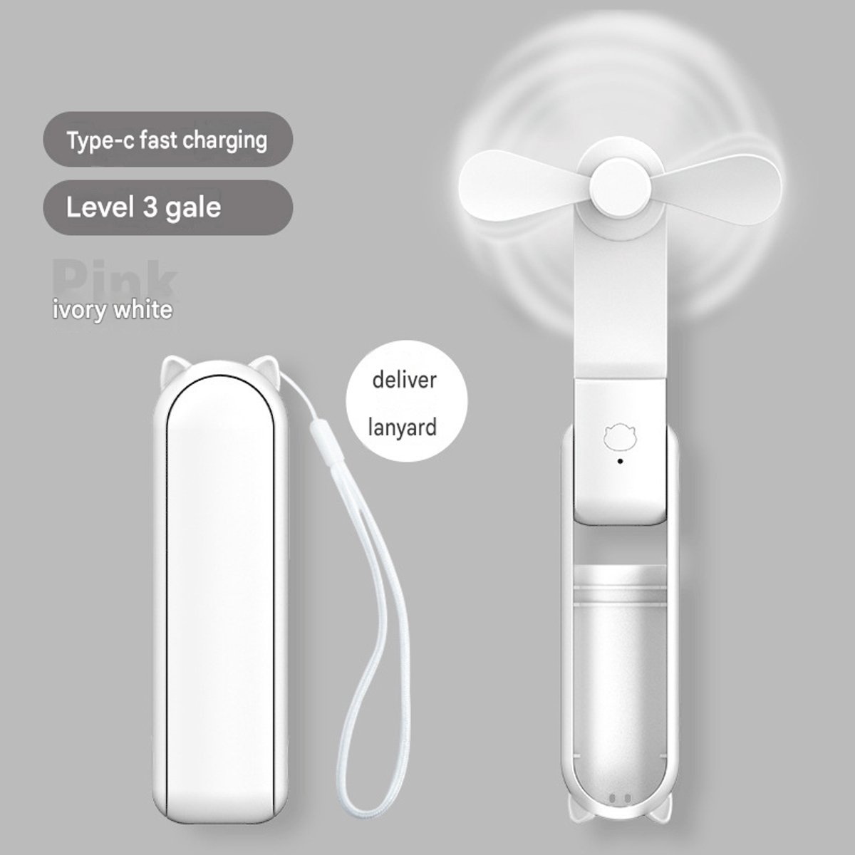 Draagbare miniventilator – Een opvouwbare, 119*35*37mm，oplaadbare hand-/tafelventilator met 3 instelbare windsnelheden en een powerbankfunctie; geschikt voor gebruik op kantoor en buitenshuis. Wit