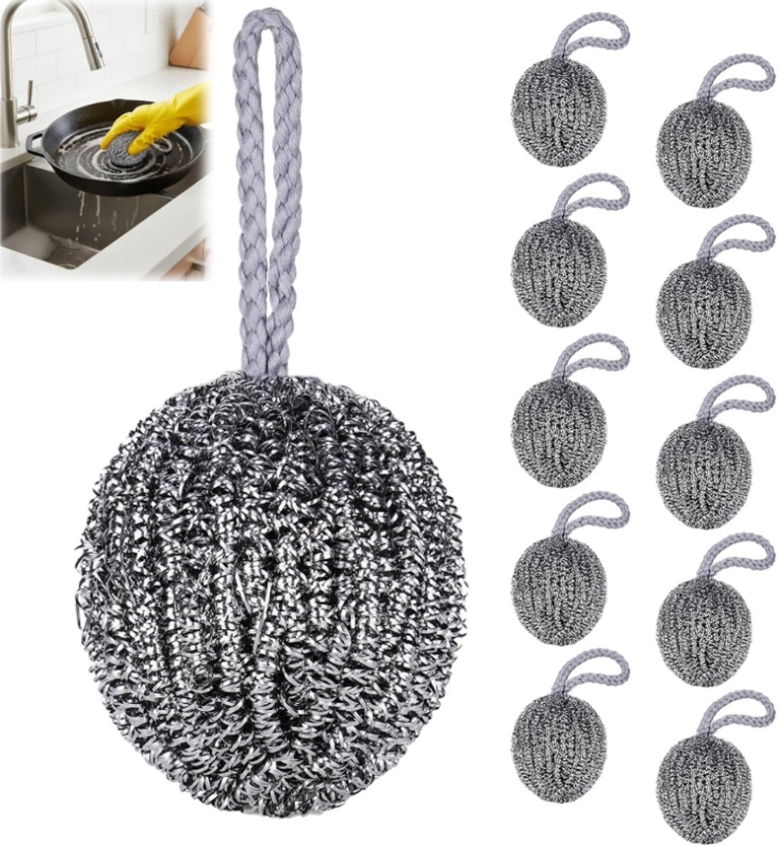 10 stuks-Roestvrijstalen wollen bal - Schoonmaakborstel - Keukenborstel - Keukengereedschap - Geschikt voor potten, pannen, grills en gootstenen - Keukengerei - Grijs - 5*7 cm