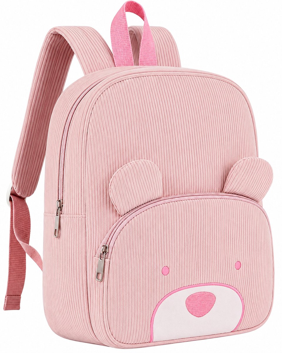 Daity 1 stuks - schooltas - Corduroy peuterrugzak voor jongens en meisjes van 2-4 jaar, geschikt voor de kleuterschool en peuterspeelzaal, schattige berenrugzak, reistas voor de kinderopvang, schooltassen 24 cm (Roze)